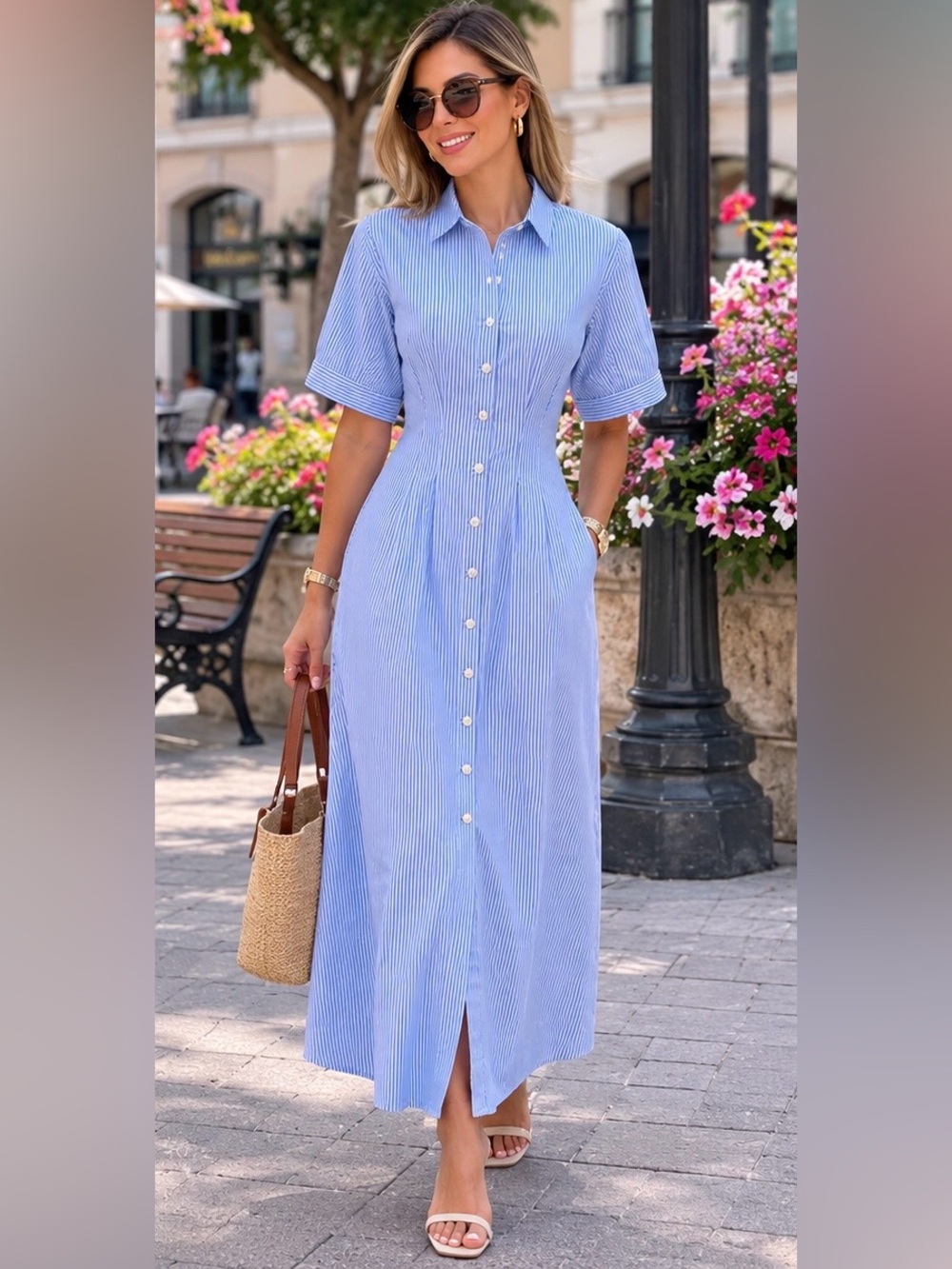 Classic Blue Stripe Button-Front Shirt Dress